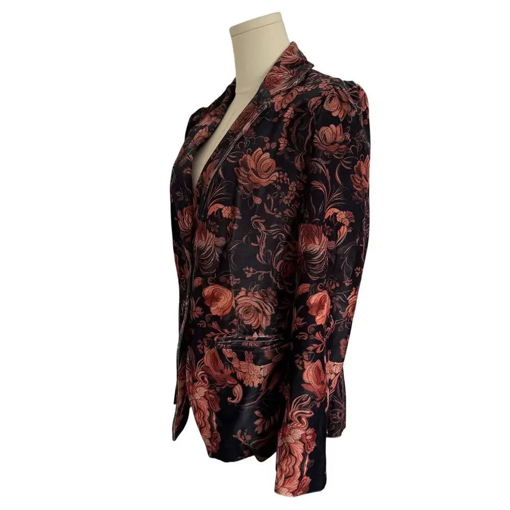 FuTario (M) Velvet Jacquard Floral Blazer Gathered Shoulders Black/Gold Buttons